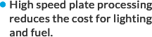 High speed plate processing reduces the cost for lighting and fuel.