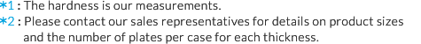*1:The hardness is our measurements. *2:Please contact our sales representatives for details on product sizes and the number of plates per case for each thickness.