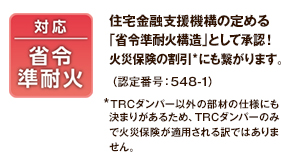 対応省令準耐火 住宅金融支援機構の定める 「省令準耐火構造」として承認! 火災保険の割引 *にも繋がります。(認定番号:548-1)*TRCダンパー以外の部材の仕様にも決まりがあるため、TRCダンパーのみで火災保険が適用される訳ではありません。