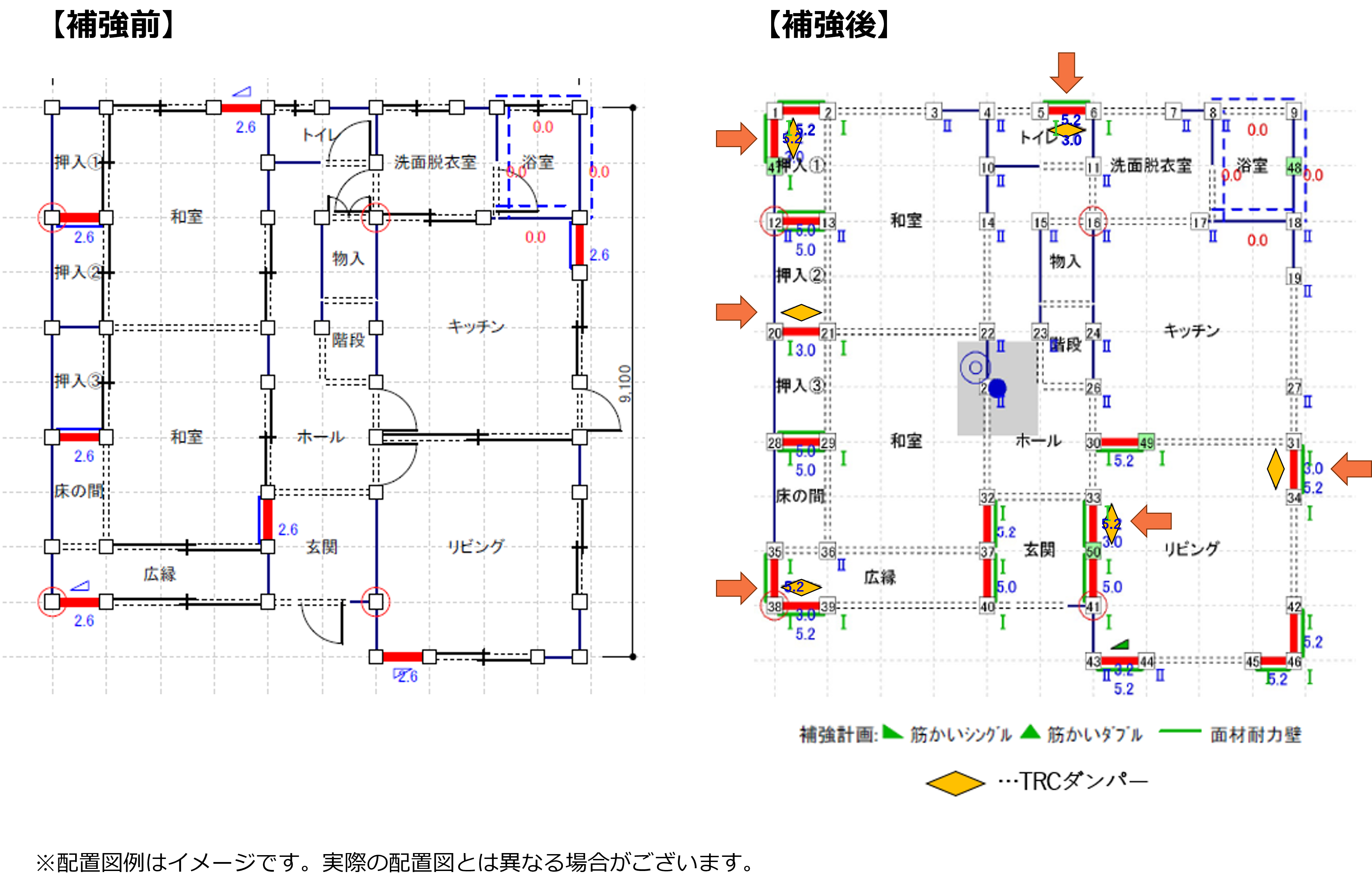 TRCダンパーの配置案(補強・配置前後比較)